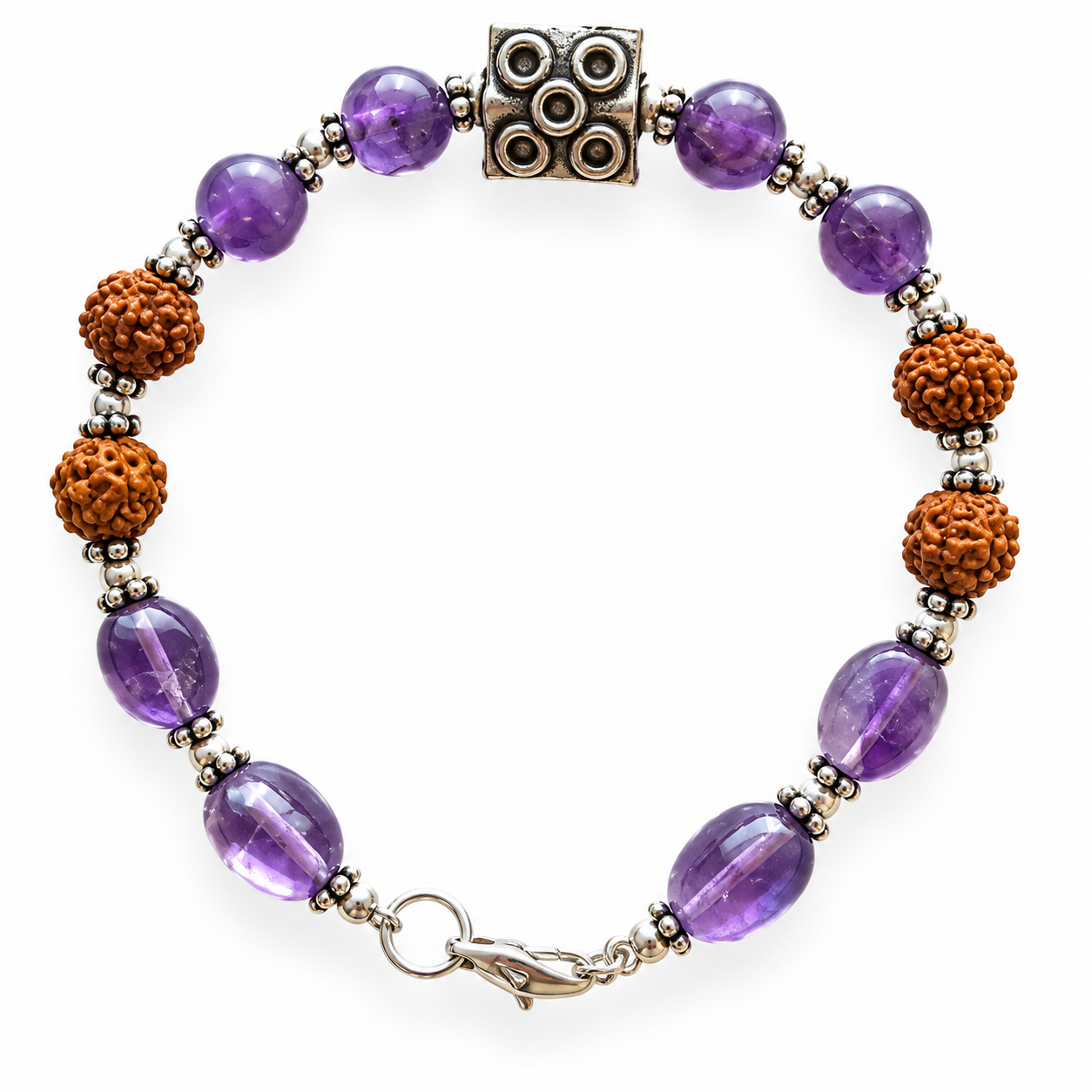 Bastante pulsera, con amatista y cuatro rudrakshas